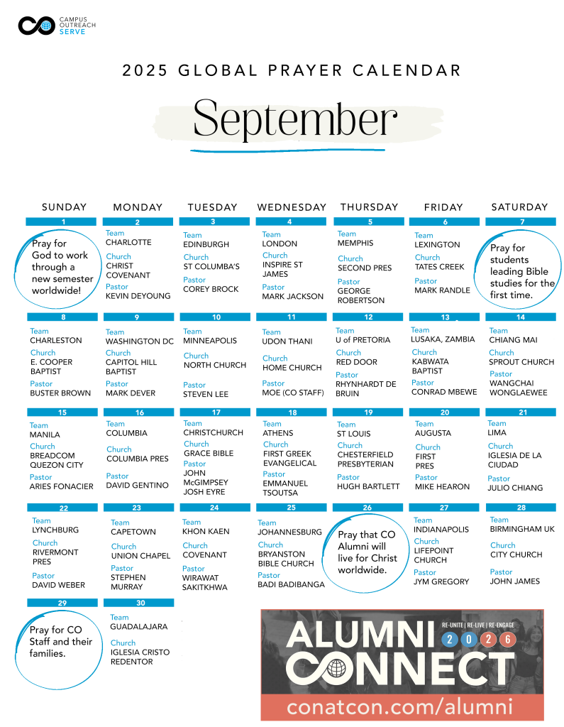 September Prayer Calendar lists 30 days of prayer requests